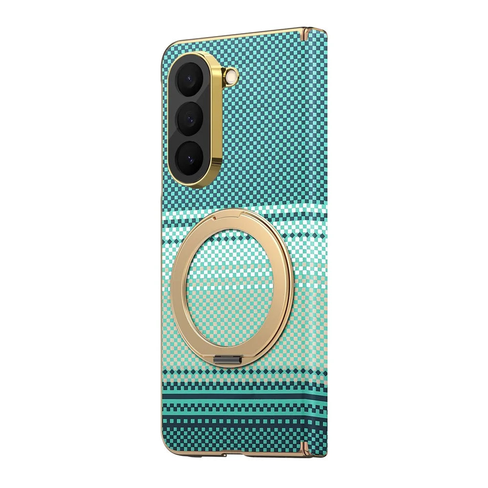 For Samsung Galaxy Z Fold6 5G Magnetic Case Ring Kicktand Hinge Design Electroplated Leather + PC Cover - Green - 5
