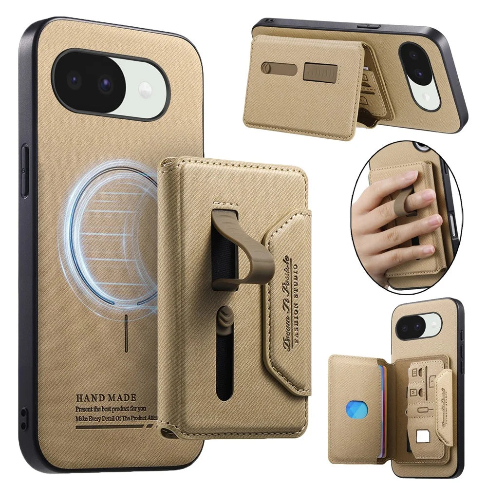 For Google Pixel 10a Magnetic Case PU Leather + PC + TPU Anti-Scratch Back Cover with Detachable Card Holder - Khaki - 1