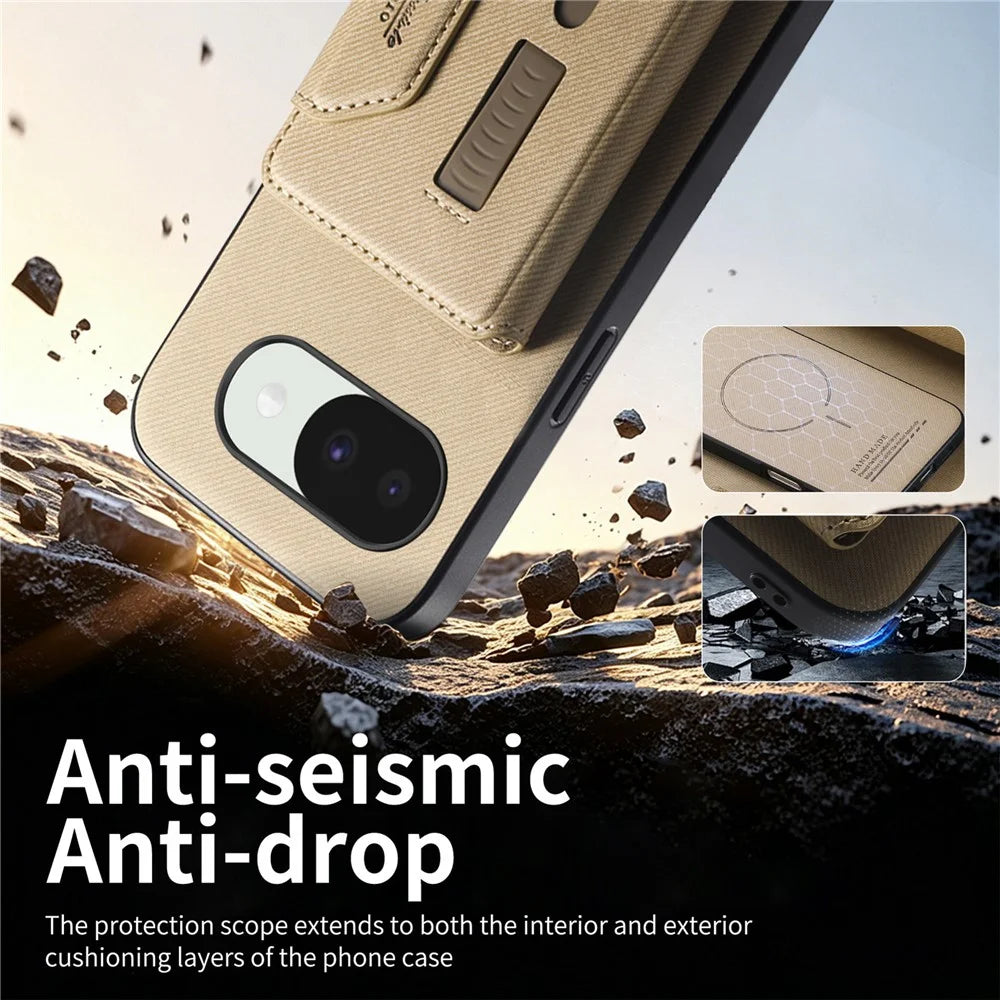For Google Pixel 10a Magnetic Case PU Leather + PC + TPU Anti-Scratch Back Cover with Detachable Card Holder - Khaki - 3
