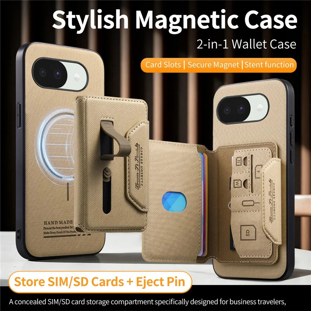 For Google Pixel 10a Magnetic Case PU Leather + PC + TPU Anti-Scratch Back Cover with Detachable Card Holder - Khaki - 7