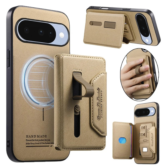 For Google Pixel 10 Pro  /  Pixel 10 Magnetic Case PU Leather + PC + TPU Anti-Scratch Back Cover with Detachable Card Holder - Khaki - 1