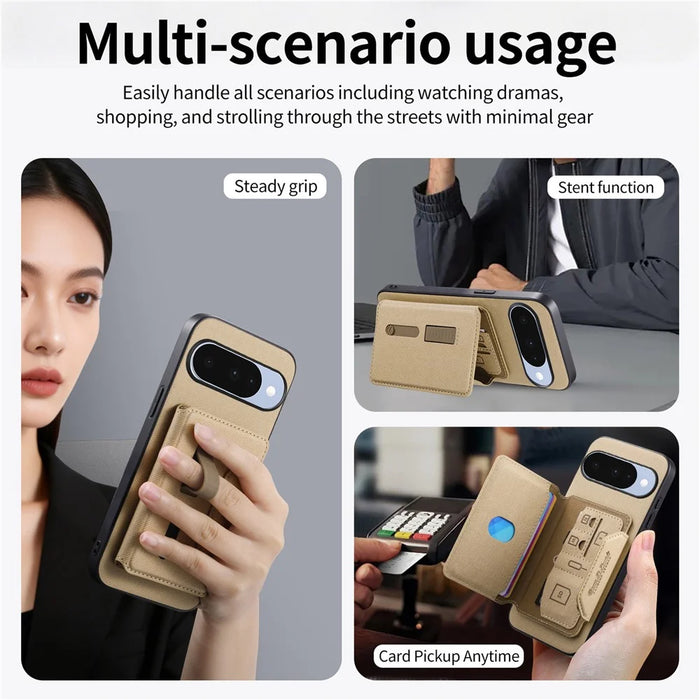 For Google Pixel 10 Pro  /  Pixel 10 Magnetic Case PU Leather + PC + TPU Anti-Scratch Back Cover with Detachable Card Holder - Khaki - 5