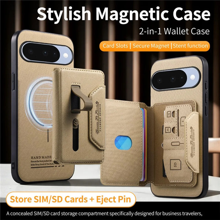 For Google Pixel 10 Pro  /  Pixel 10 Magnetic Case PU Leather + PC + TPU Anti-Scratch Back Cover with Detachable Card Holder - Khaki - 7
