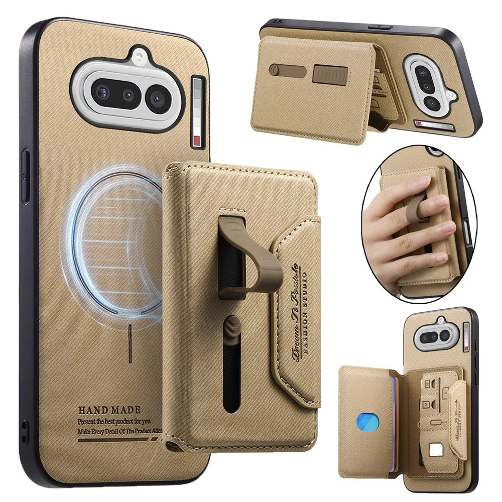 For Nothing Phone (4a) Magnetic Case PU Leather + PC + TPU Anti-Scratch Back Cover with Detachable Card Holder - Khaki - 1