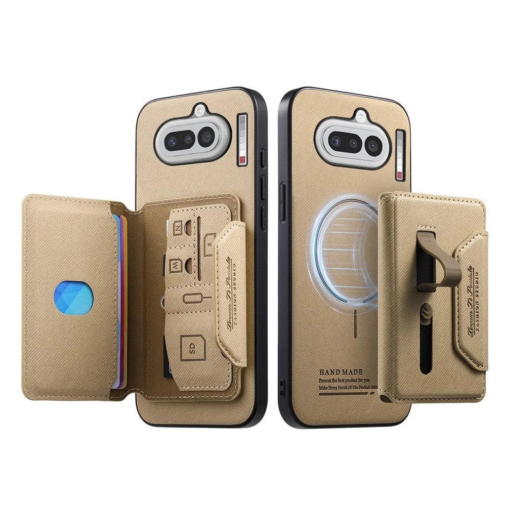 For Nothing Phone (4a) Magnetic Case PU Leather + PC + TPU Anti-Scratch Back Cover with Detachable Card Holder - Khaki - 2