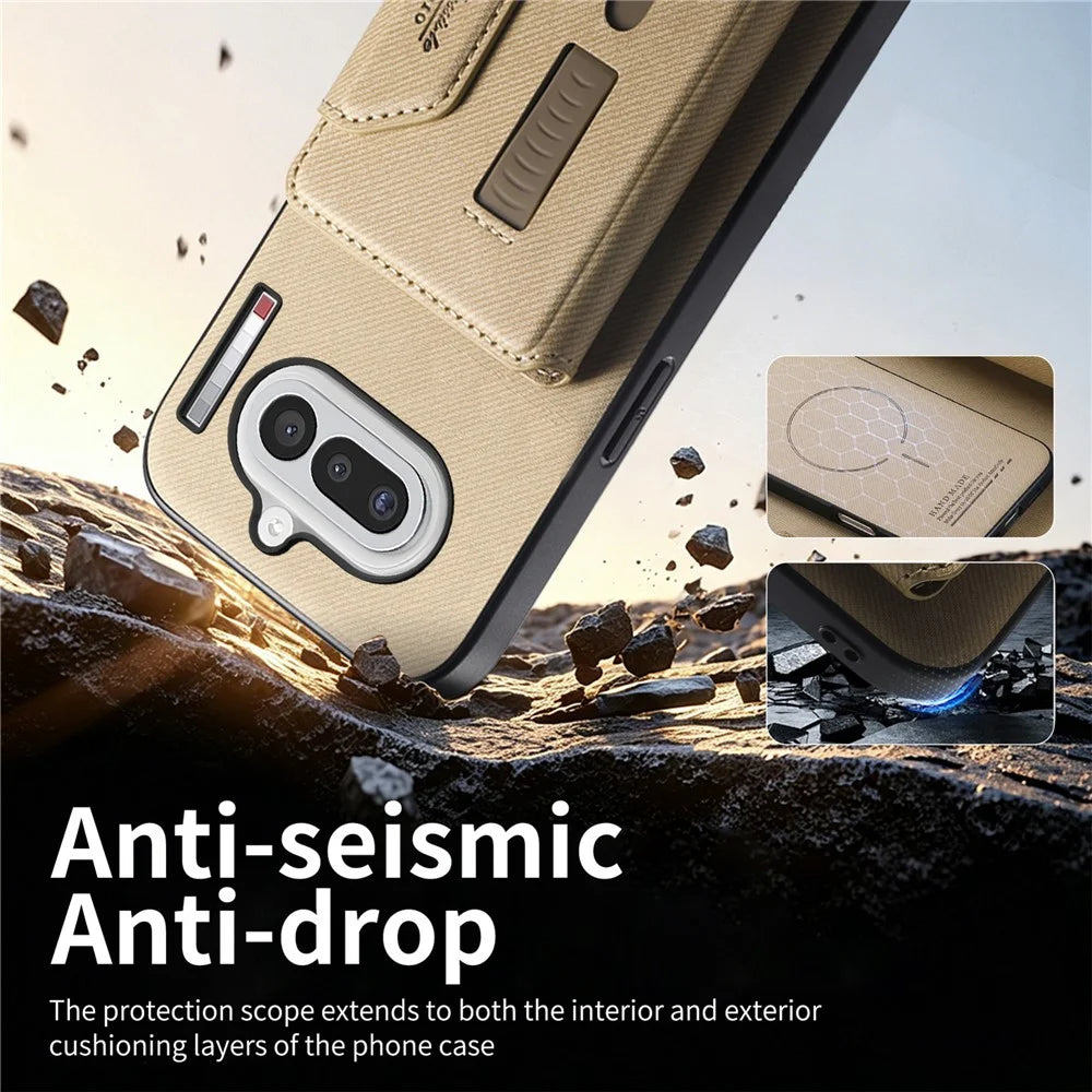 For Nothing Phone (4a) Magnetic Case PU Leather + PC + TPU Anti-Scratch Back Cover with Detachable Card Holder - Khaki - 3