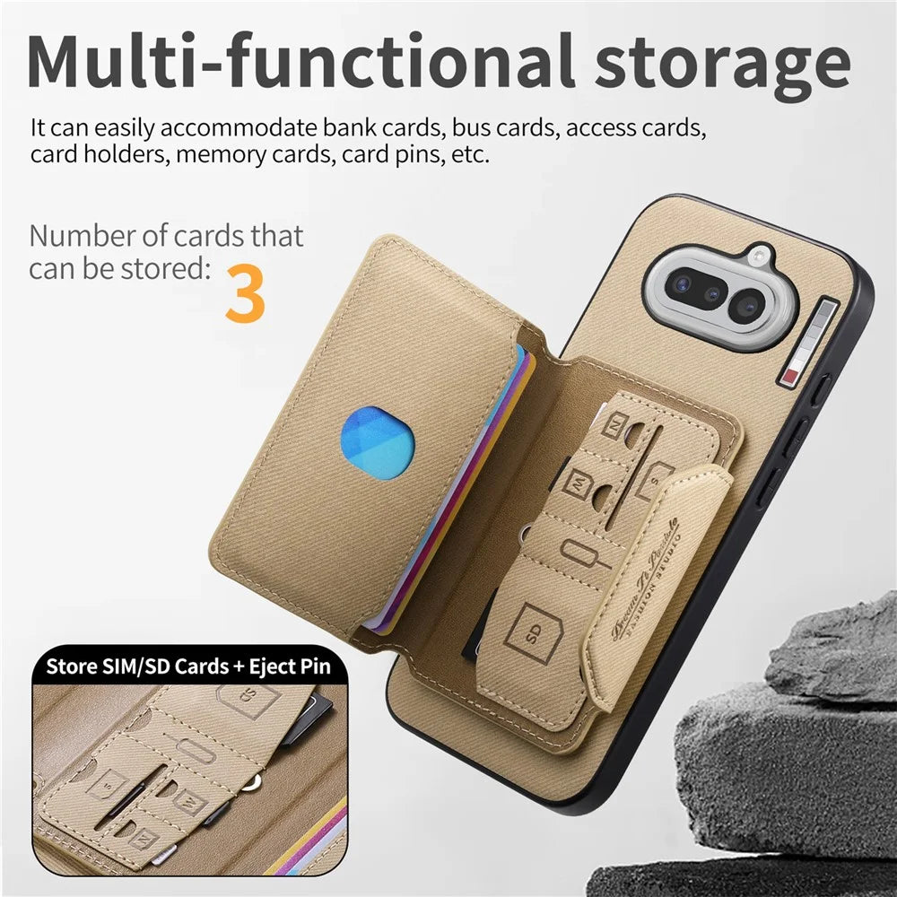 For Nothing Phone (4a) Magnetic Case PU Leather + PC + TPU Anti-Scratch Back Cover with Detachable Card Holder - Khaki - 4