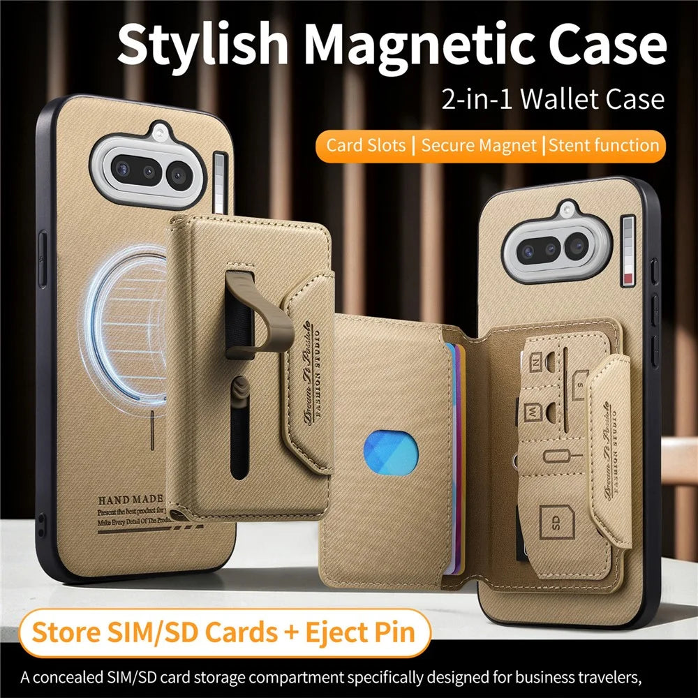 For Nothing Phone (4a) Magnetic Case PU Leather + PC + TPU Anti-Scratch Back Cover with Detachable Card Holder - Khaki - 7