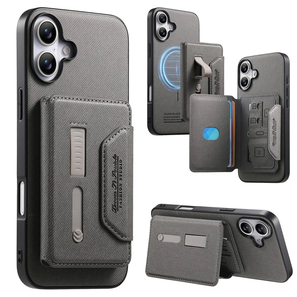 For iPhone 16 Magnetic Case PU Leather + PC + TPU Anti-Scratch Back Cover with Detachable Card Holder - Grey - 1