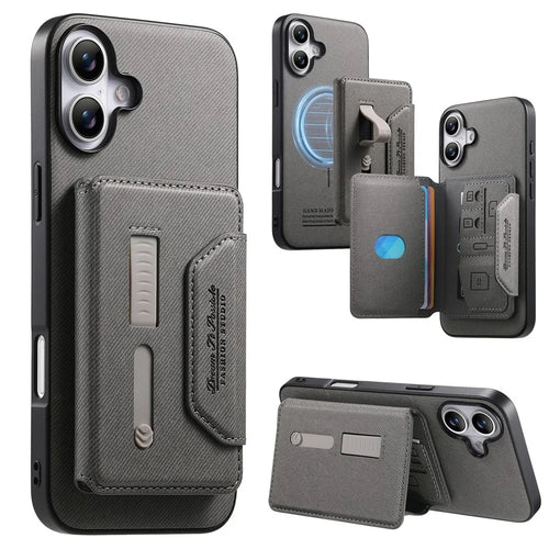 For iPhone 16 Magnetic Case PU Leather + PC + TPU Anti-Scratch Back Cover with Detachable Card Holder - Grey - 1