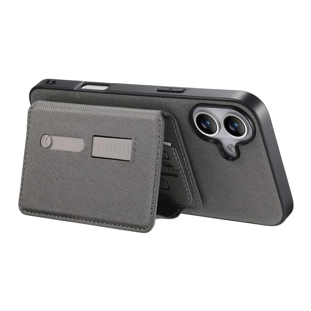 For iPhone 16 Magnetic Case PU Leather + PC + TPU Anti-Scratch Back Cover with Detachable Card Holder - Grey - 2