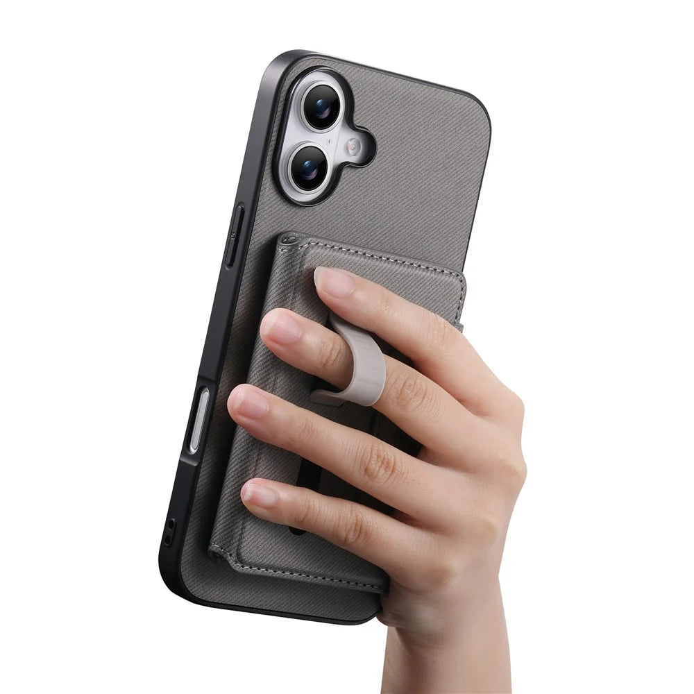For iPhone 16 Magnetic Case PU Leather + PC + TPU Anti-Scratch Back Cover with Detachable Card Holder - Grey - 3