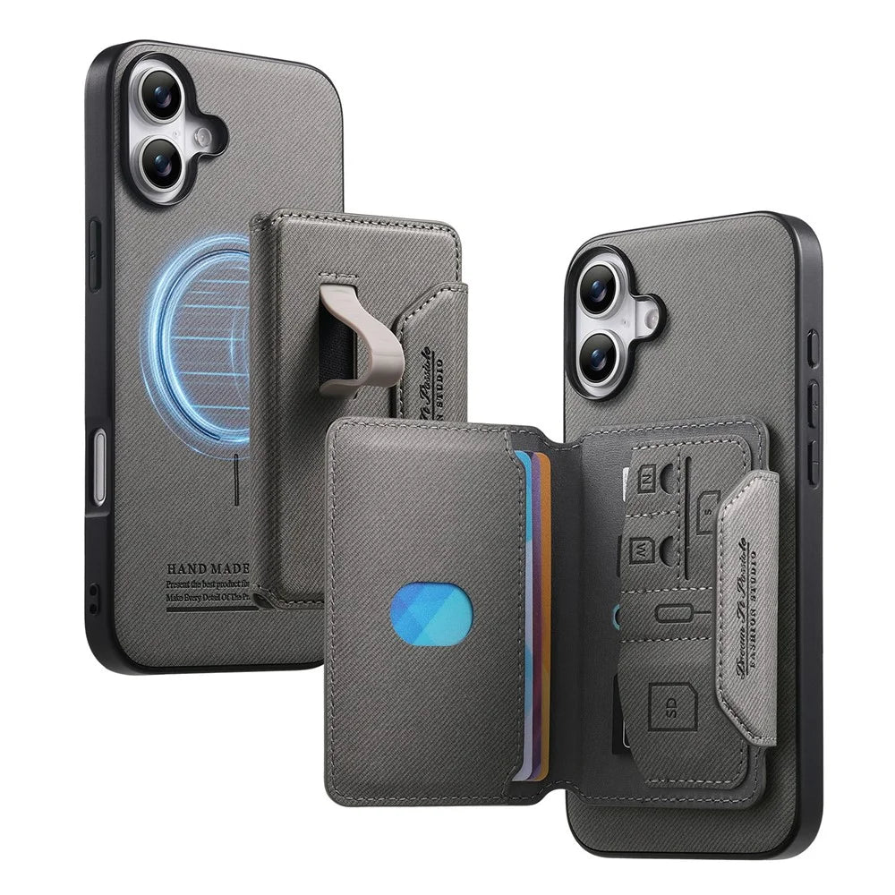 For iPhone 16 Magnetic Case PU Leather + PC + TPU Anti-Scratch Back Cover with Detachable Card Holder - Grey - 4