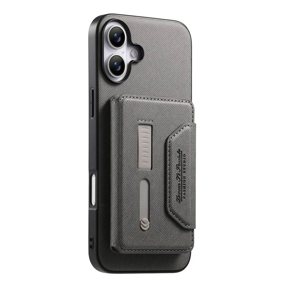 For iPhone 16 Magnetic Case PU Leather + PC + TPU Anti-Scratch Back Cover with Detachable Card Holder - Grey - 5