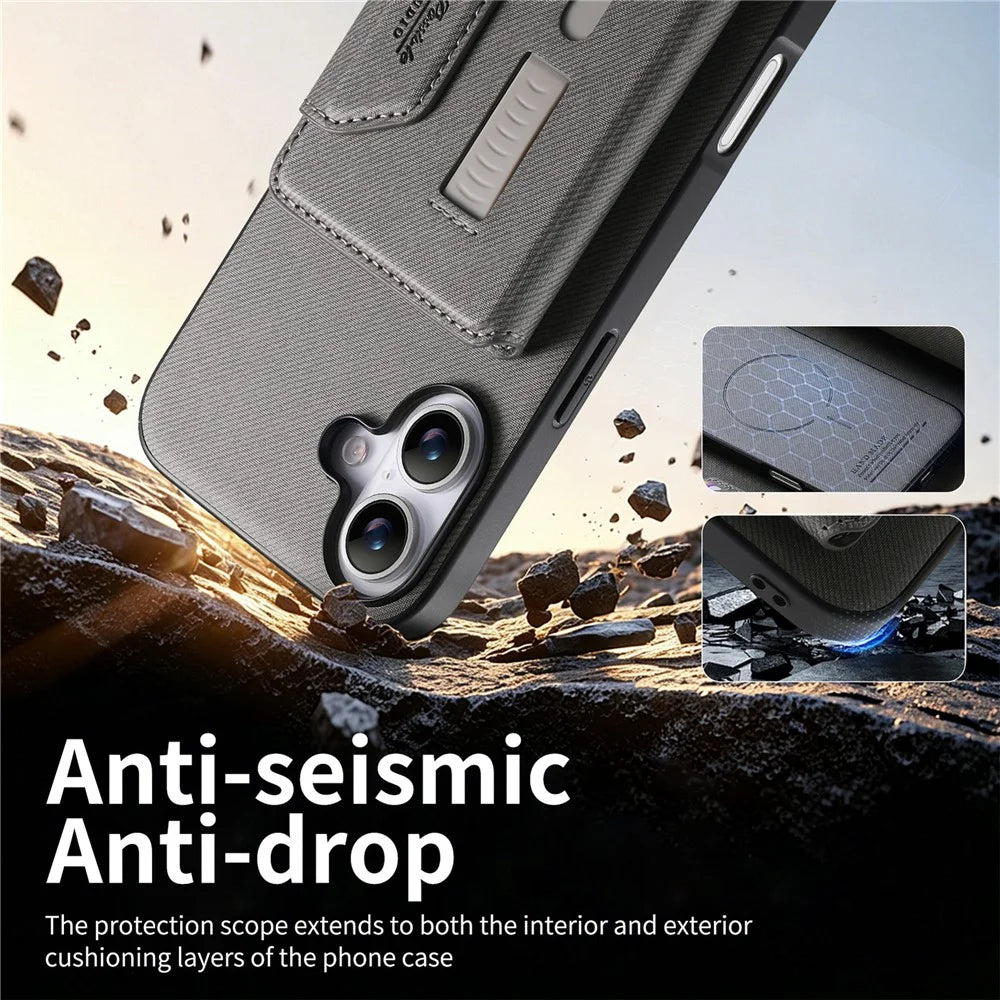 For iPhone 16 Magnetic Case PU Leather + PC + TPU Anti-Scratch Back Cover with Detachable Card Holder - Grey - 6