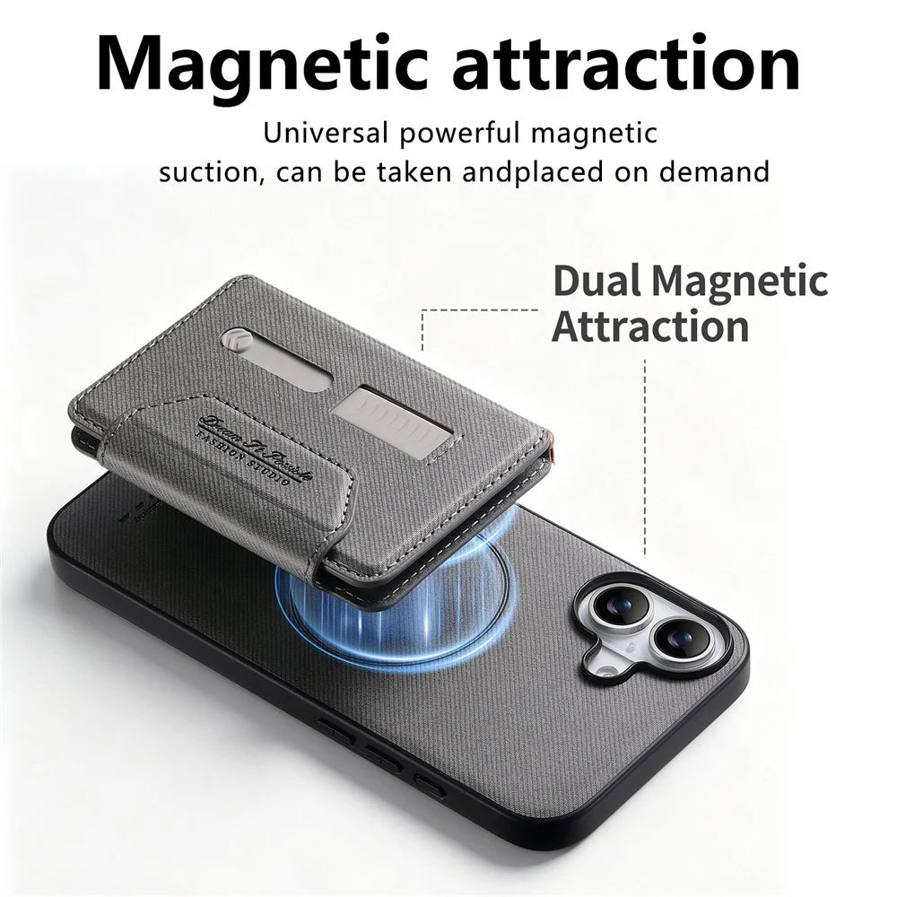 For iPhone 16 Magnetic Case PU Leather + PC + TPU Anti-Scratch Back Cover with Detachable Card Holder - Grey - 7