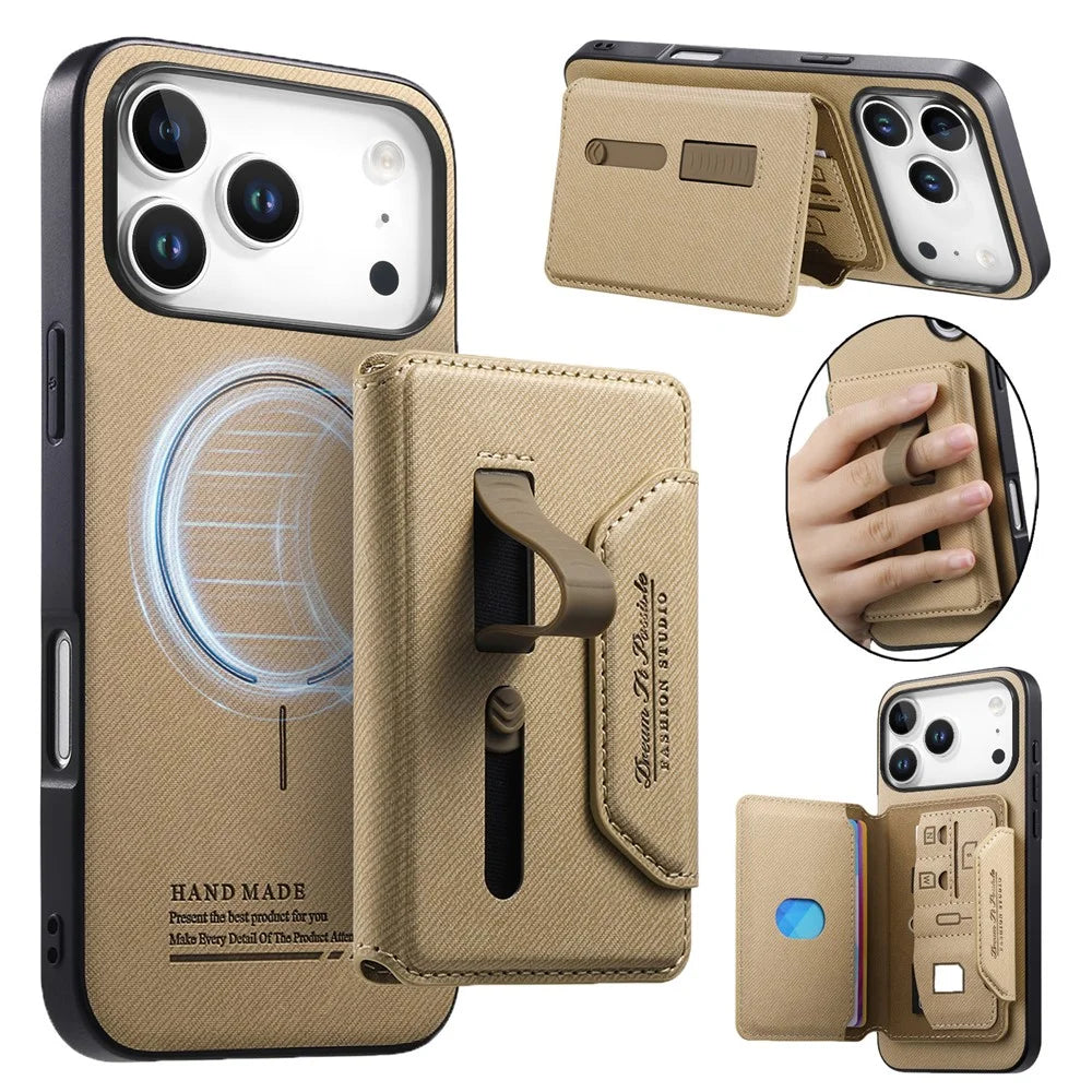 For iPhone 18 Pro  /  17 Pro Magnetic Case PU Leather + PC + TPU Anti-Scratch Back Cover with Detachable Card Holder - Khaki - 1