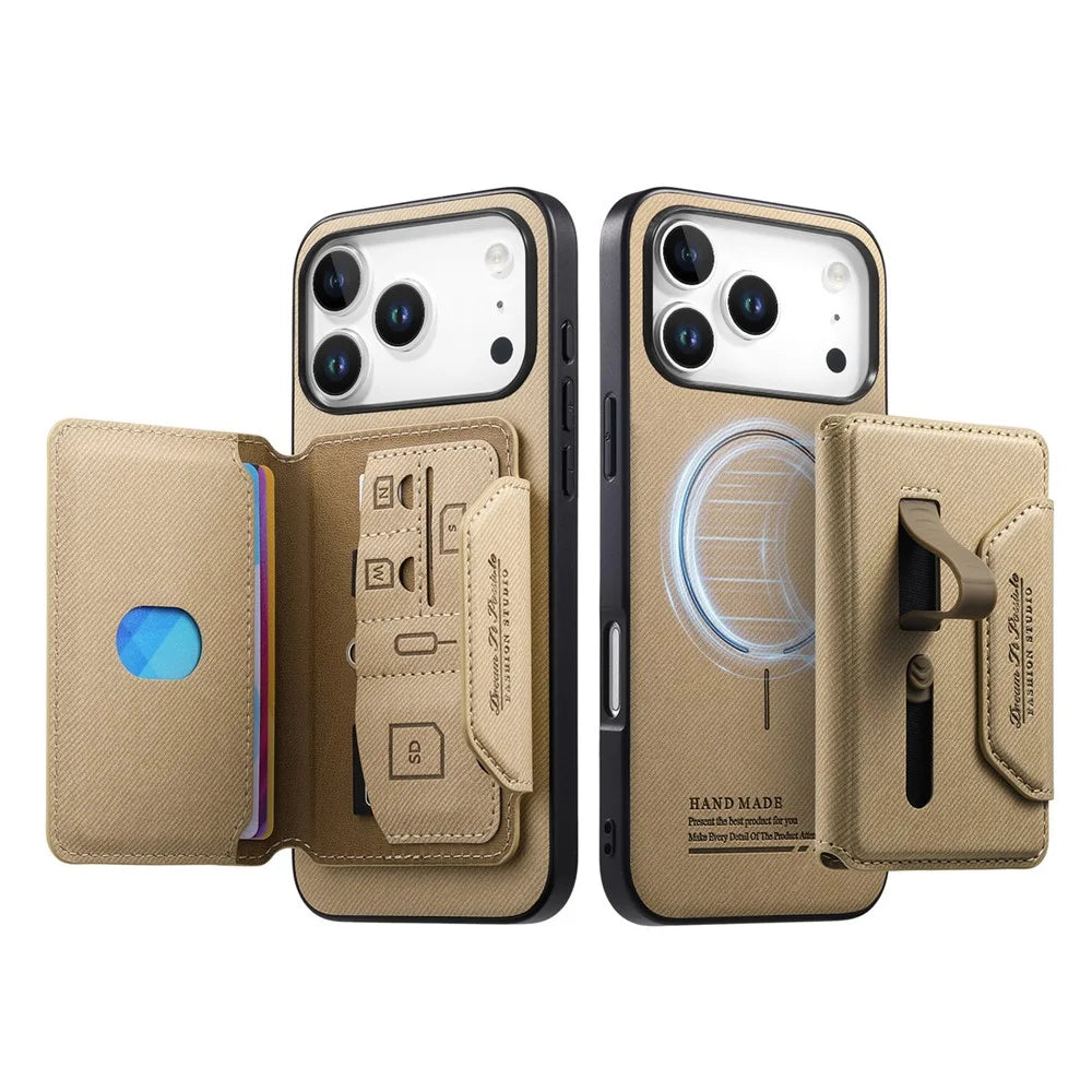 For iPhone 18 Pro  /  17 Pro Magnetic Case PU Leather + PC + TPU Anti-Scratch Back Cover with Detachable Card Holder - Khaki - 2