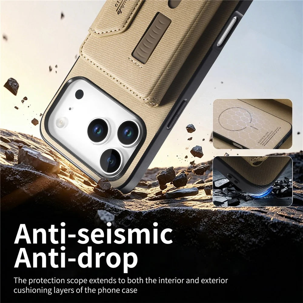 For iPhone 18 Pro  /  17 Pro Magnetic Case PU Leather + PC + TPU Anti-Scratch Back Cover with Detachable Card Holder - Khaki - 3