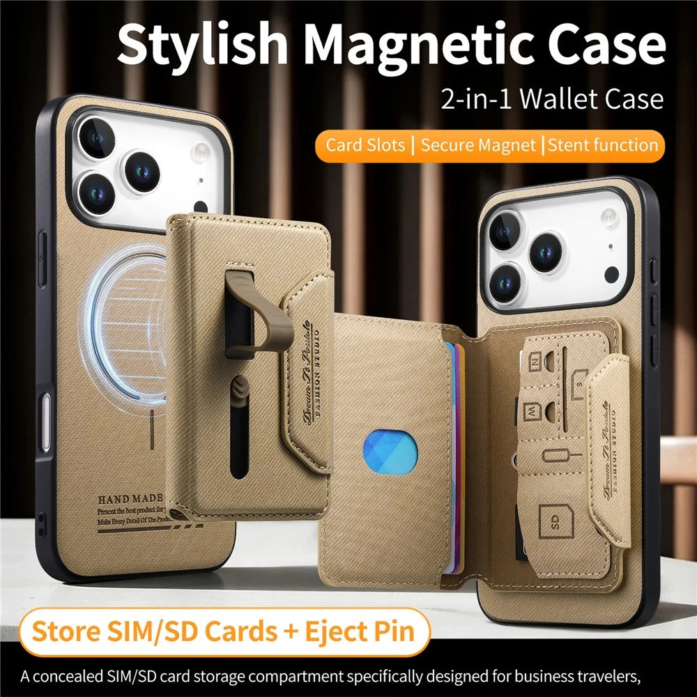 For iPhone 18 Pro  /  17 Pro Magnetic Case PU Leather + PC + TPU Anti-Scratch Back Cover with Detachable Card Holder - Khaki - 7