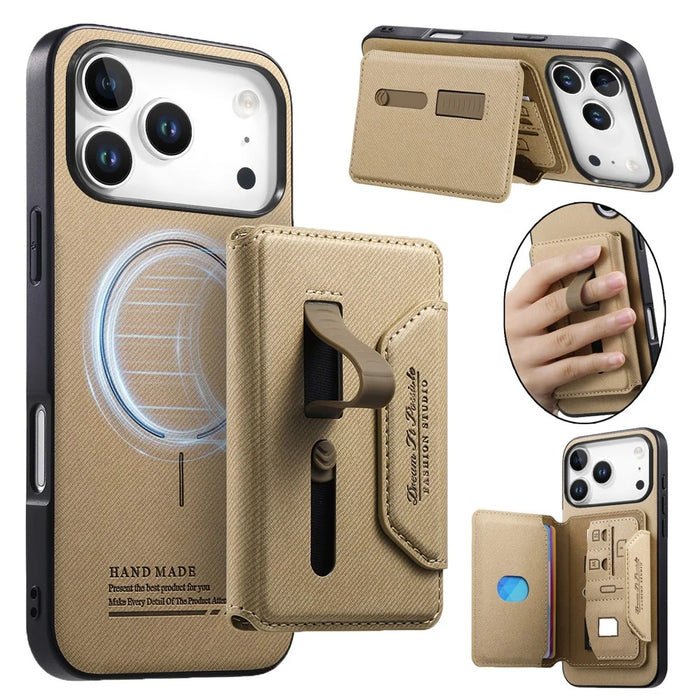 For iPhone 18 Pro Max  /  17 Pro Max Magnetic Case PU Leather + PC + TPU Anti-Scratch Back Cover with Detachable Card Holder - Khaki - 1