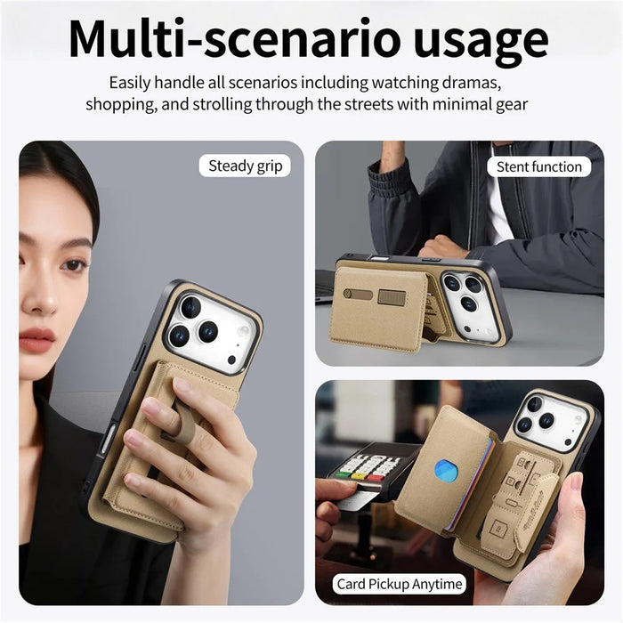 For iPhone 18 Pro Max  /  17 Pro Max Magnetic Case PU Leather + PC + TPU Anti-Scratch Back Cover with Detachable Card Holder - Khaki - 5