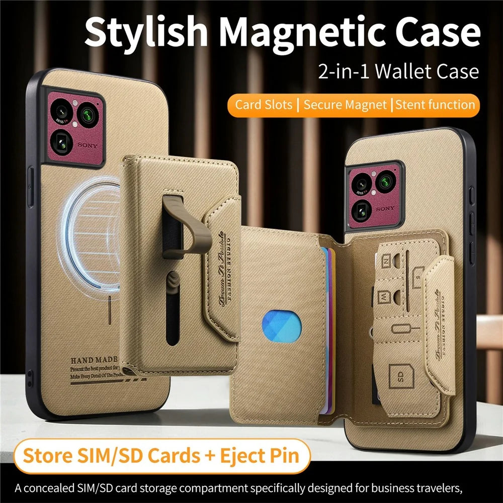 For Sony Xperia 1 VIII Magnetic Case PU Leather + PC + TPU Anti-Scratch Back Cover with Detachable Card Holder - Khaki - 3