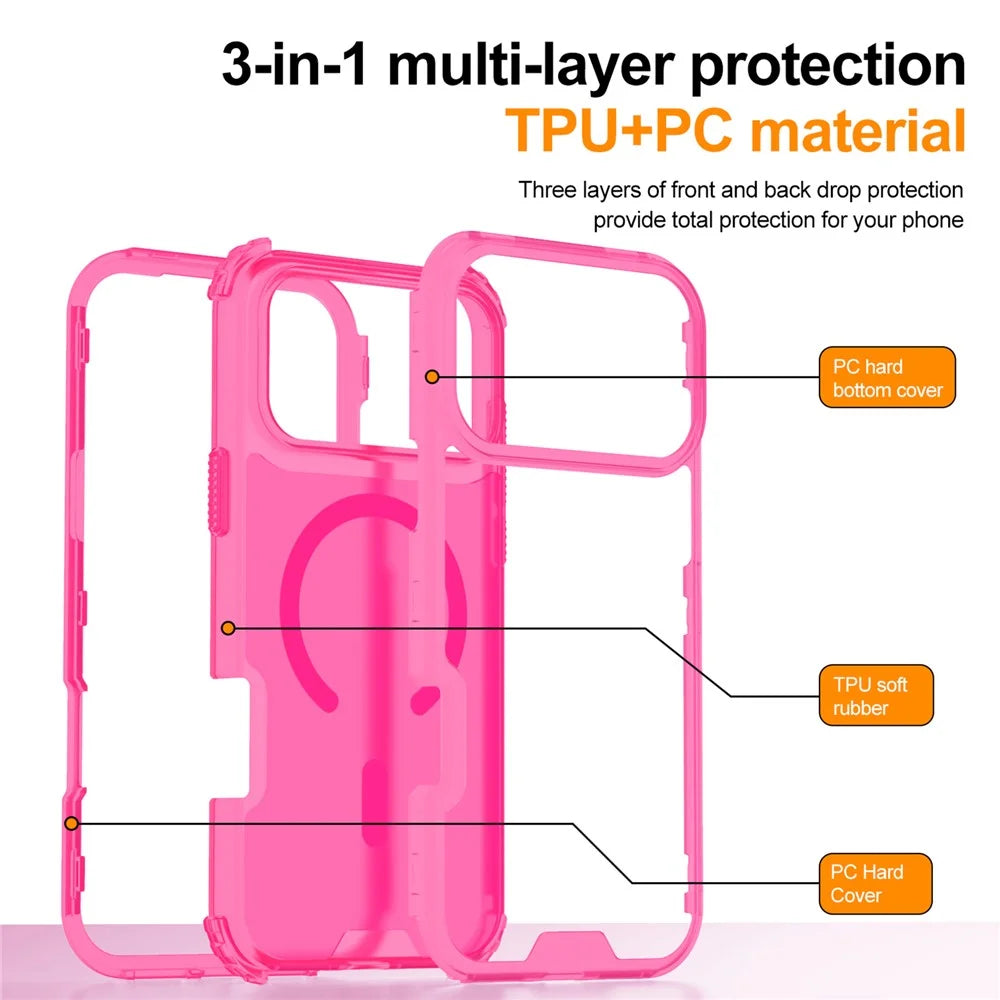 For iPhone 17 Pro Magnetic Case 2-in-1 PC + TPU Frosted Soft-Touch Phone Cover - Bright Hot Pink - 6