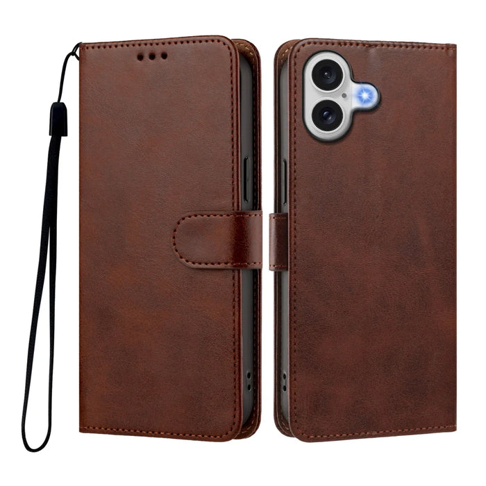 For iPhone 17 Case Wallet Flip Stand PU Leather Phone Cover with Wrist Strap - Brown - 1