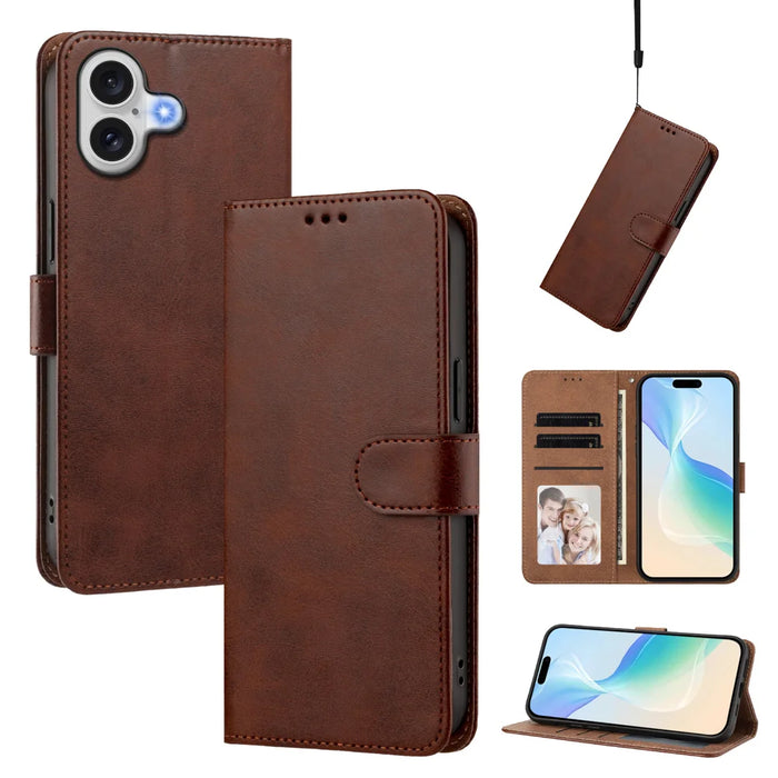 For iPhone 17 Case Wallet Flip Stand PU Leather Phone Cover with Wrist Strap - Brown - 2