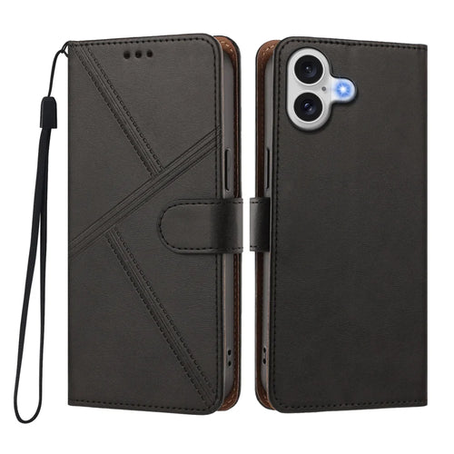 For iPhone 17 Case Diamond Stitch PU Leather Wallet Flip Phone Cover with Wrist Strap - Black - 1