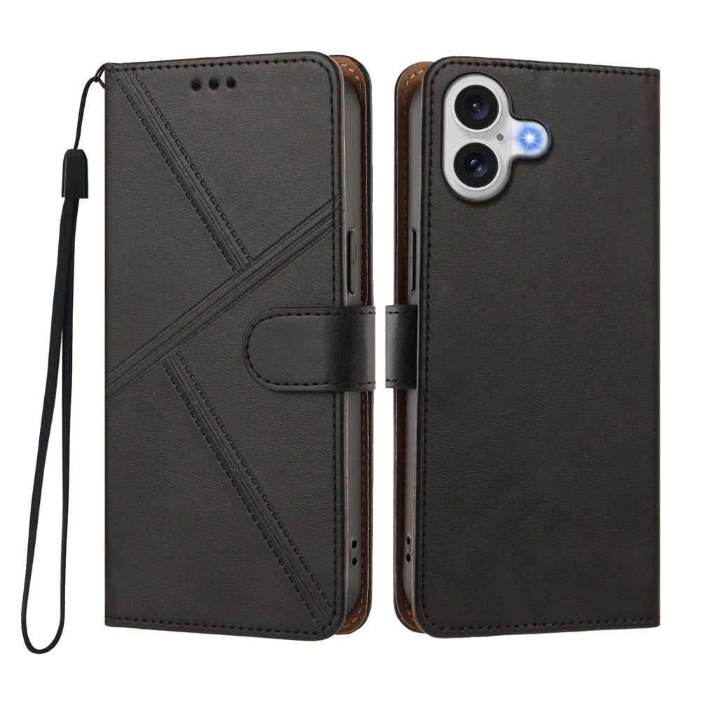 For iPhone 17 Case Diamond Stitch PU Leather Wallet Flip Phone Cover with Wrist Strap - Black - 1