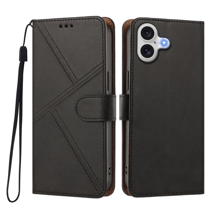 For iPhone 17 Case Diamond Stitch PU Leather Wallet Flip Phone Cover with Wrist Strap - Black - 1