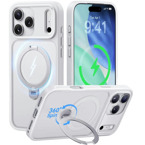 CASEKOO for iPhone 18 Pro / 17 Pro Case Magnetic Rotating Kickstand PC + TPU Matte Phone Cover - White - 1