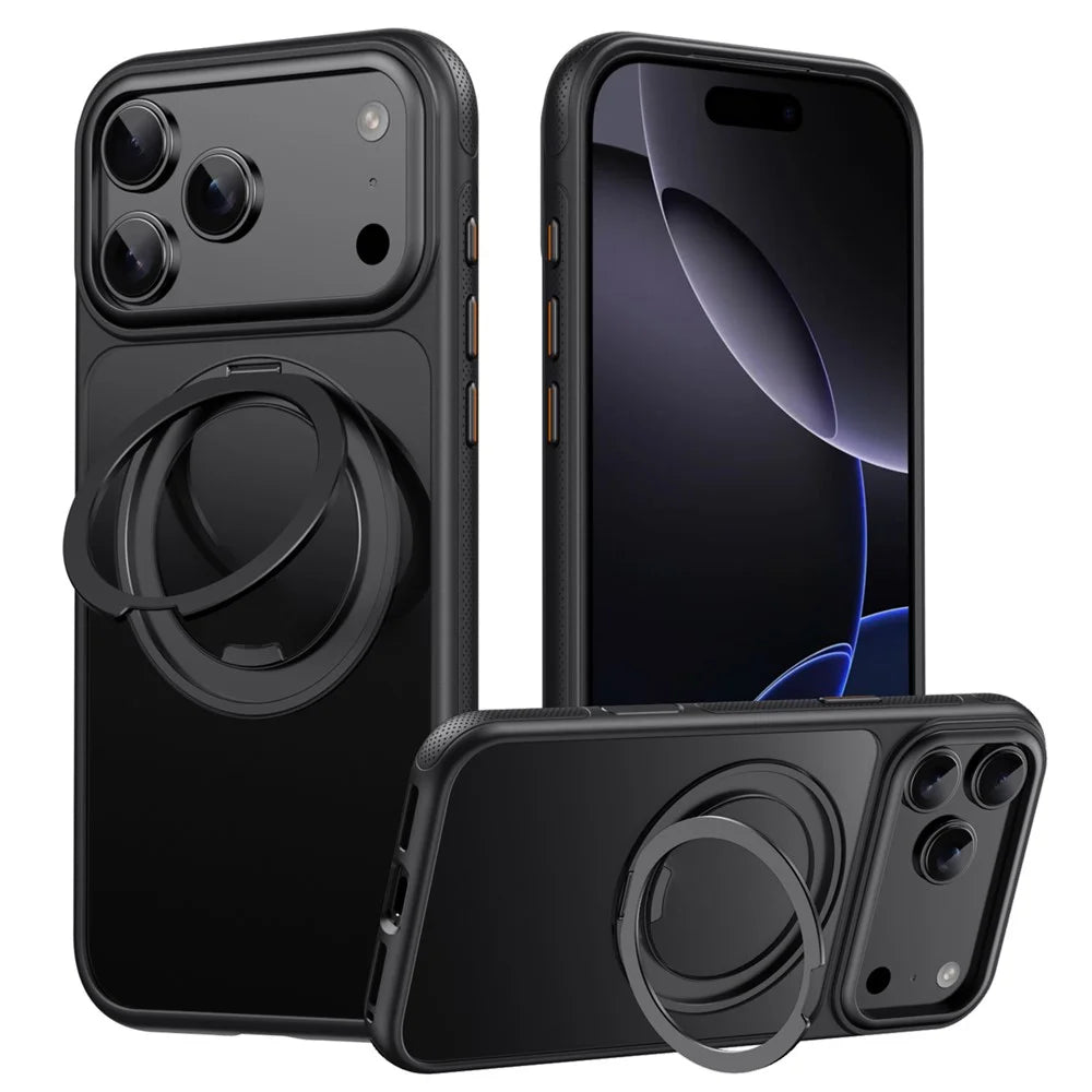 For iPhone 18 Pro / 17 Pro Case Rotating Magnetic Kickstand Dot-Matrix Texture TPU + Acrylic Phone Cover - Black - 1