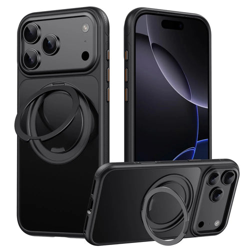 For iPhone 18 Pro Max / 17 Pro Max Case Rotating Magnetic Kickstand Dot-Matrix Texture TPU + Acrylic Phone Cover - Black - 1