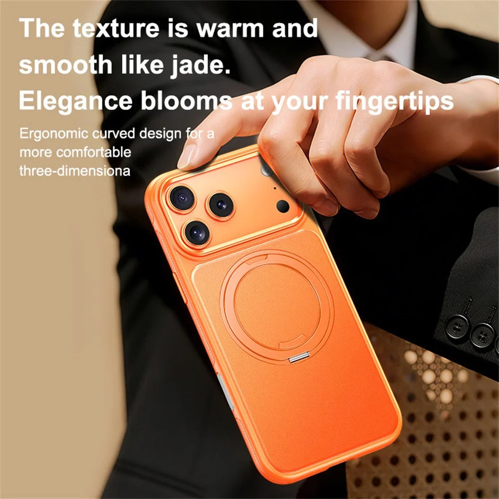 For iPhone 18 Pro / 17 Pro Case Rotating Magnetic Kickstand Leather + PC + TPU Dot Matrix Anti-slip Phone Cover - Orange - 5
