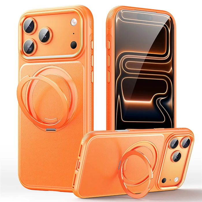For iPhone 18 Pro Max / 17 Pro Max Case Rotating Magnetic Kickstand Leather + PC + TPU Dot Matrix Anti-slip Phone Cover - Orange - 1