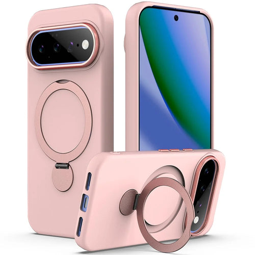 For Google Pixel 11 / 11 Pro / 10 / 10 Pro / 9 / 9 Pro Magnetic Case Rotating Ring Kickstand TPU + PC Back Cover - Pink - 1