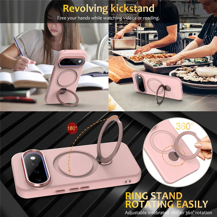 For Google Pixel 11 / 11 Pro / 10 / 10 Pro / 9 / 9 Pro Magnetic Case Rotating Ring Kickstand TPU + PC Back Cover - Pink - 5