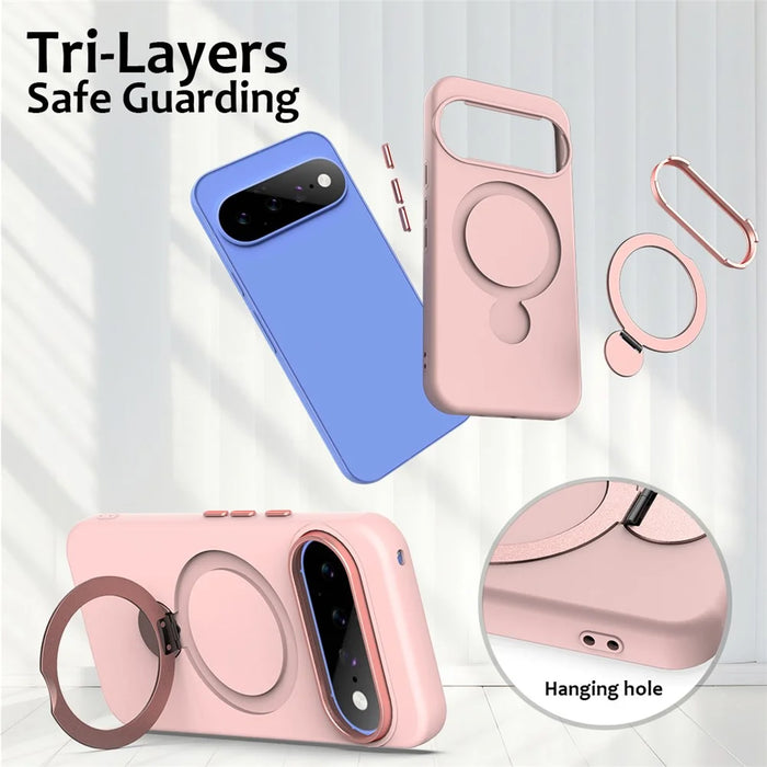 For Google Pixel 11 / 11 Pro / 10 / 10 Pro / 9 / 9 Pro Magnetic Case Rotating Ring Kickstand TPU + PC Back Cover - Pink - 6