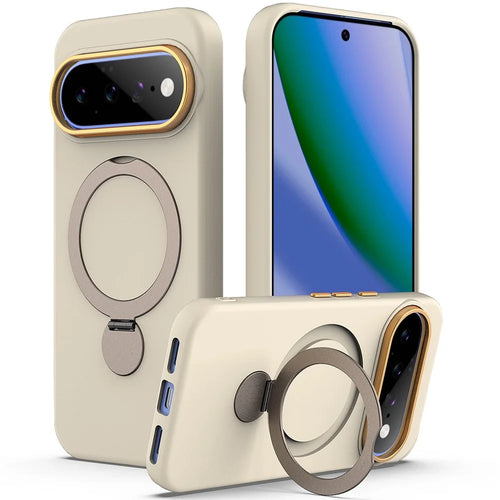 For Google Pixel 11 Pro XL / 10 Pro XL / 9 Pro XL Magnetic Case Rotating Ring Kickstand TPU + PC Back Cover - Apricot - 1