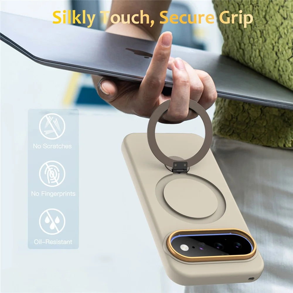 For Google Pixel 11 Pro XL / 10 Pro XL / 9 Pro XL Magnetic Case Rotating Ring Kickstand TPU + PC Back Cover - Apricot - 3