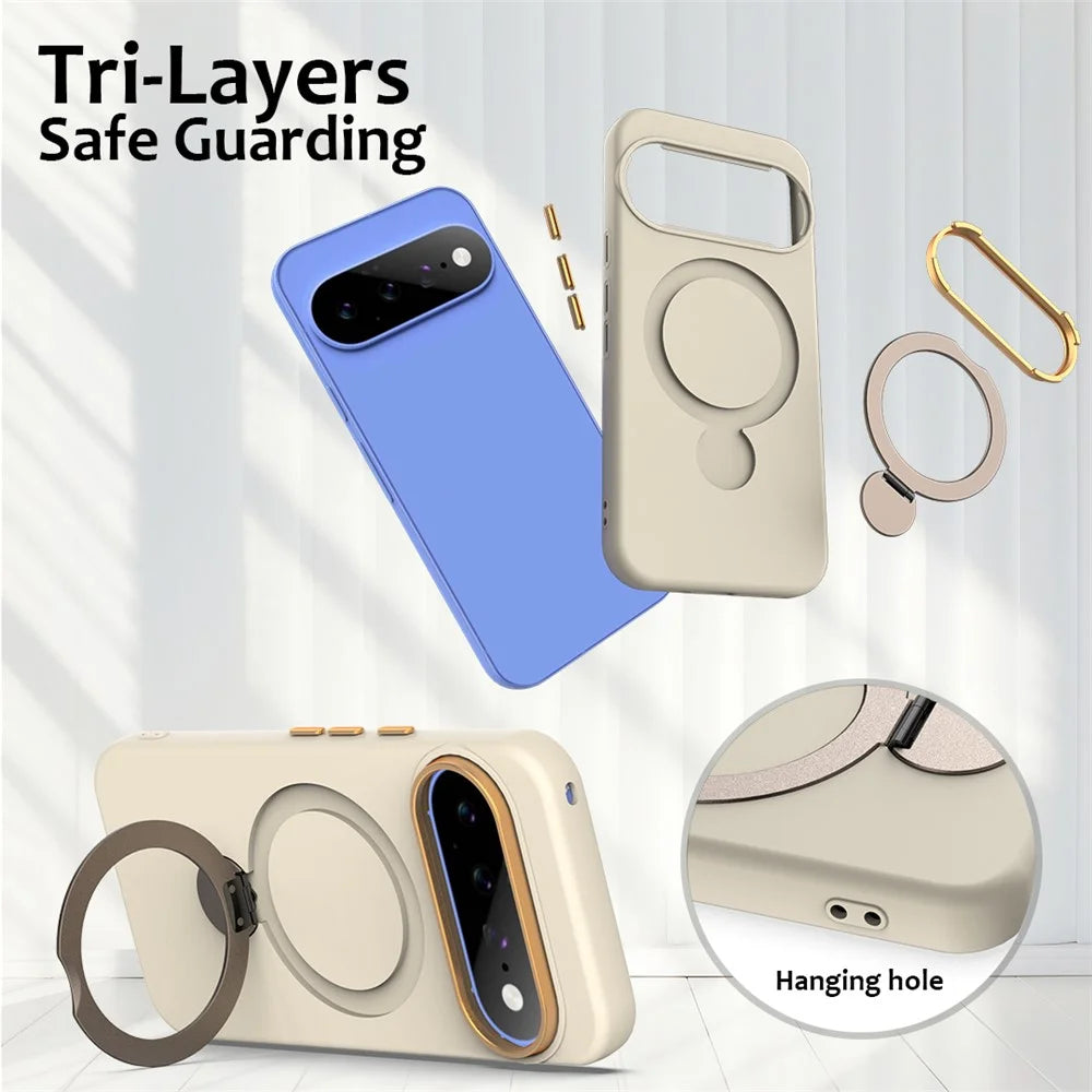 For Google Pixel 11 Pro XL / 10 Pro XL / 9 Pro XL Magnetic Case Rotating Ring Kickstand TPU + PC Back Cover - Apricot - 6