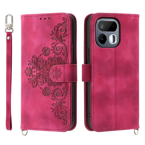 For Realme 16T 5G Wallet Case Flower Pattern PU Leather Phone Cover with Strap - Wine Red - 1