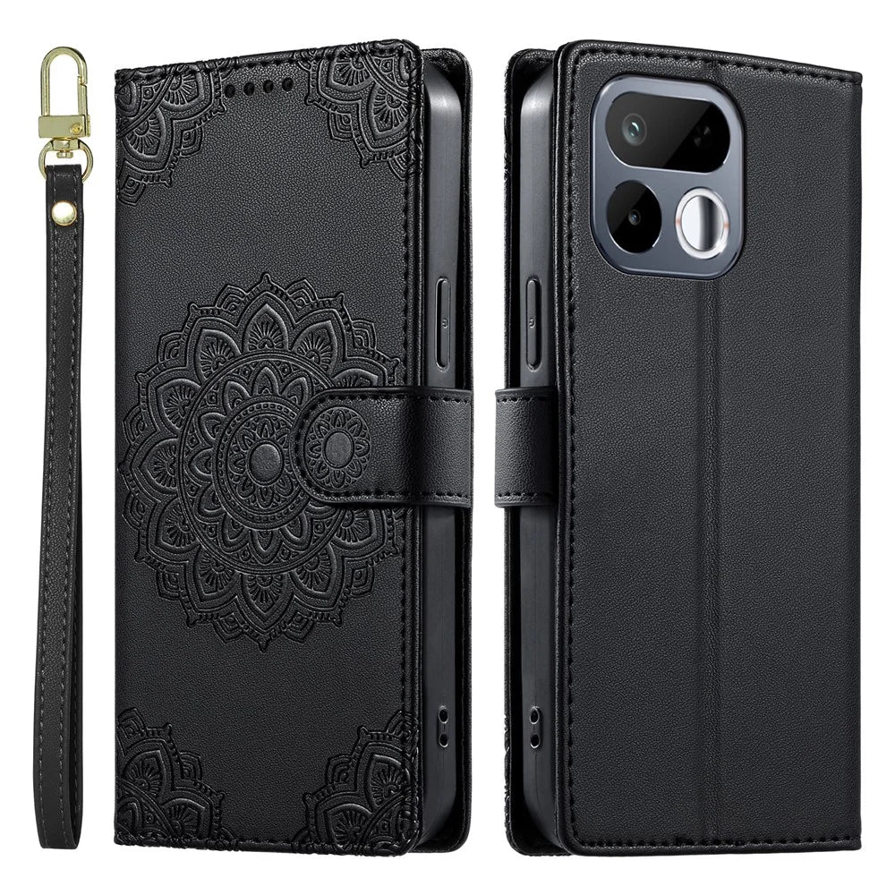 For Realme 16T 5G Case Embossed Totem Leather Flip Wallet Phone Cover with Wrist Strap - Black - 1