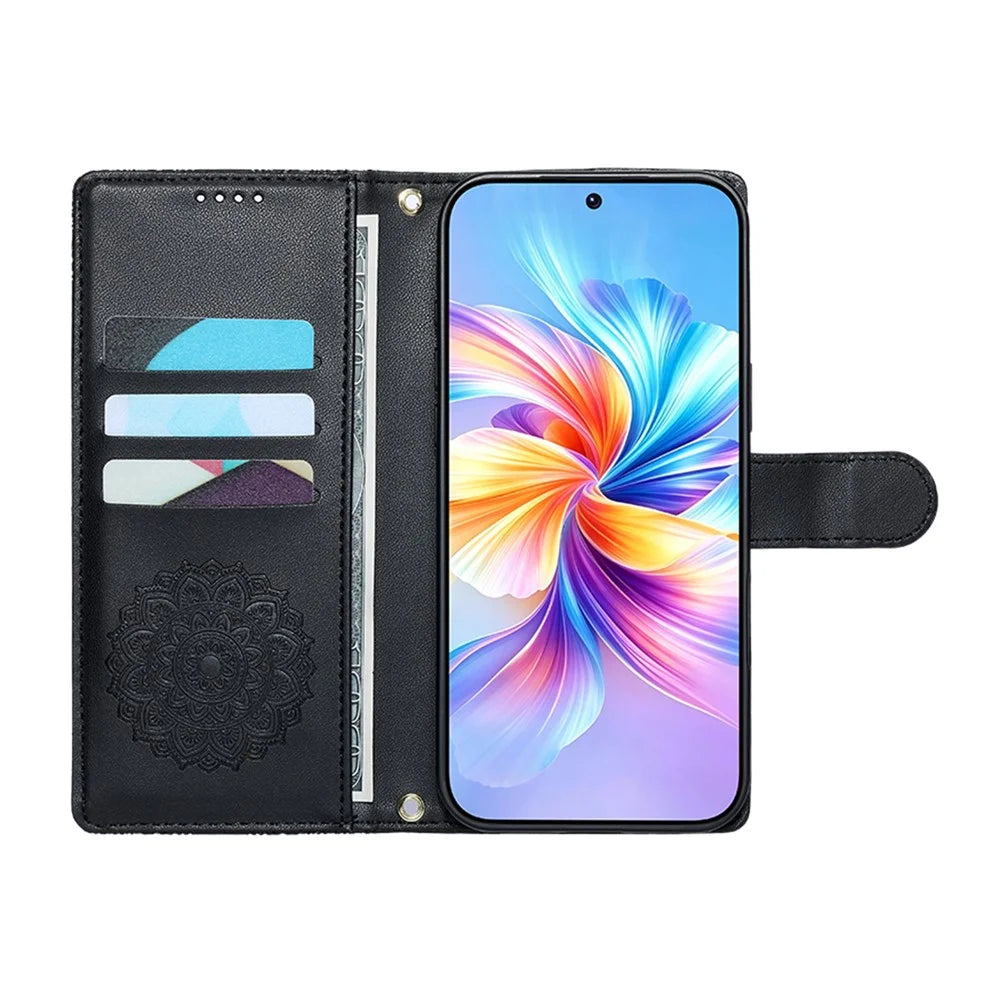 For Realme 16T 5G Case Embossed Totem Leather Flip Wallet Phone Cover with Wrist Strap - Black - 2