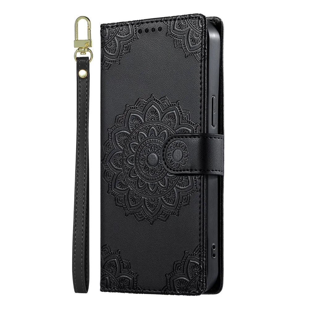 For Realme 16T 5G Case Embossed Totem Leather Flip Wallet Phone Cover with Wrist Strap - Black - 4