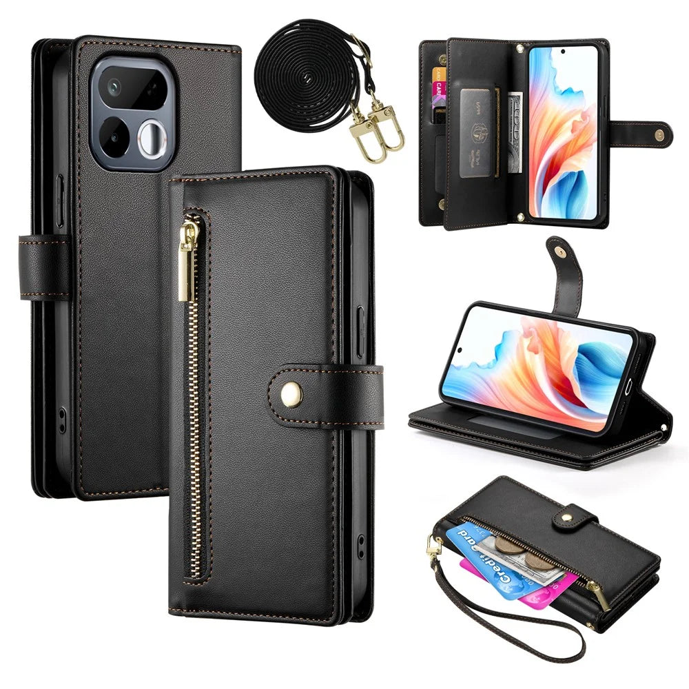 For Realme 16T 5G Leather Case Zipper Pocket Wallet Phone Cover with Straps - Black - 1
