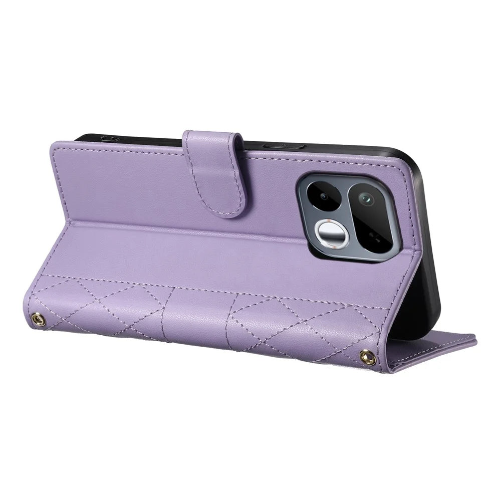 For Realme 16T 5G Wallet Case Rhombus Stitching Stand Leather Phone Cover with Long / Short Strap - Purple - 4